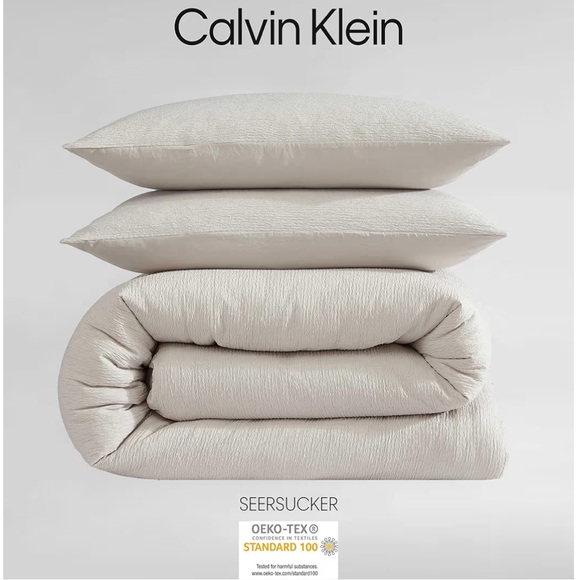 Calvin Klein 3pc Seersucker Beige Queen Textured Duvet Cover Set NWT